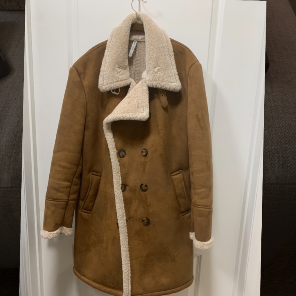 Zara Men Brown Pea Coat with Cream, Size XL